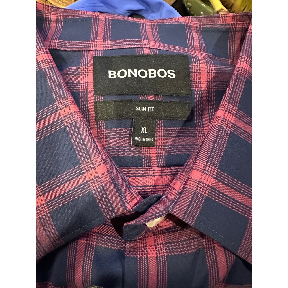 Bonobos Slim Fit Button Down Shirt Mens XL Navy Pink Plaid Long Sleeve Casual